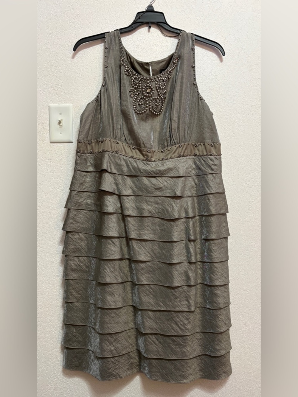 Adrianna Papell Metallic Taupe Evening Dress with Beaded Trim